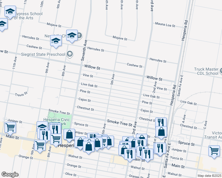 map of restaurants, bars, coffee shops, grocery stores, and more near Live Oak Street in Hesperia