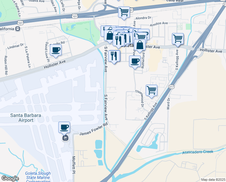 map of restaurants, bars, coffee shops, grocery stores, and more near 5902 Daley Street in Goleta