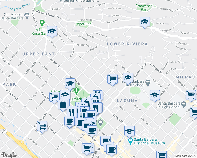map of restaurants, bars, coffee shops, grocery stores, and more near 424 East Micheltorena Street in Santa Barbara