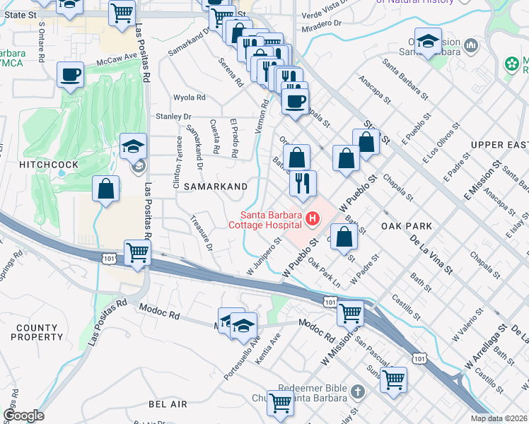 map of restaurants, bars, coffee shops, grocery stores, and more near 429 Alamar Avenue in Santa Barbara