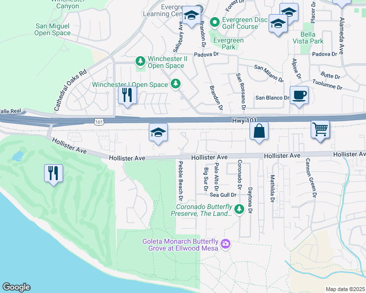 map of restaurants, bars, coffee shops, grocery stores, and more near 7634 Hollister Avenue in Goleta