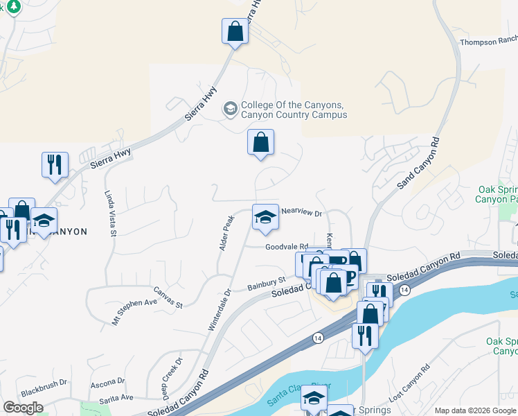 map of restaurants, bars, coffee shops, grocery stores, and more near 16833 Nearview Drive in Santa Clarita