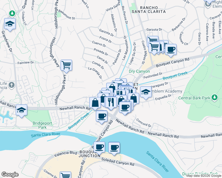 map of restaurants, bars, coffee shops, grocery stores, and more near 26502 Big Sur Drive in Santa Clarita
