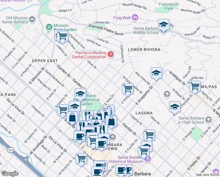 map of restaurants, bars, coffee shops, grocery stores, and more near 1428 Laguna Street in Santa Barbara