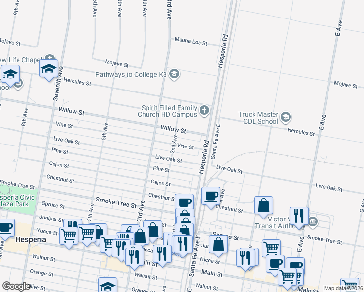 map of restaurants, bars, coffee shops, grocery stores, and more near 16533 Vine Street in Hesperia