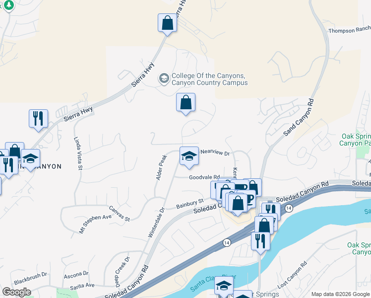 map of restaurants, bars, coffee shops, grocery stores, and more near 16833 Nearview Drive in Santa Clarita