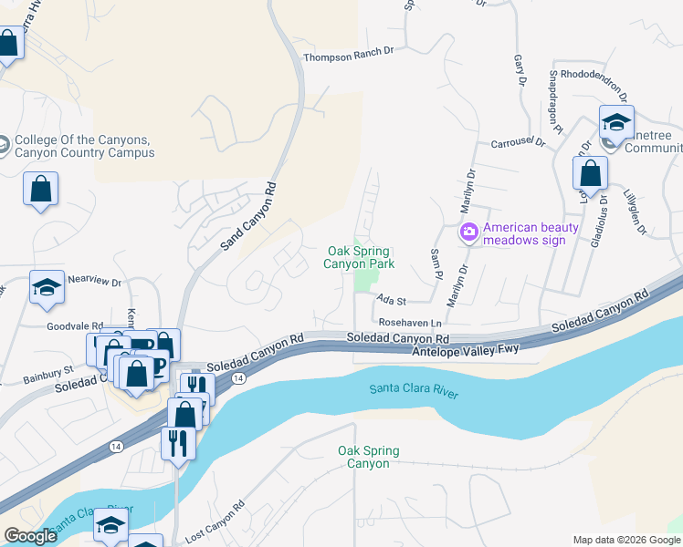 map of restaurants, bars, coffee shops, grocery stores, and more near 28927 Prairie Lane in Santa Clarita