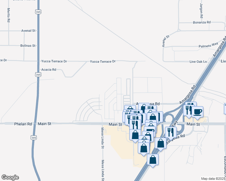 map of restaurants, bars, coffee shops, grocery stores, and more near 12550 Main Street in Hesperia