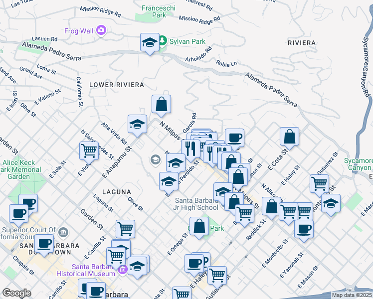 map of restaurants, bars, coffee shops, grocery stores, and more near 925 Spring Street in Santa Barbara