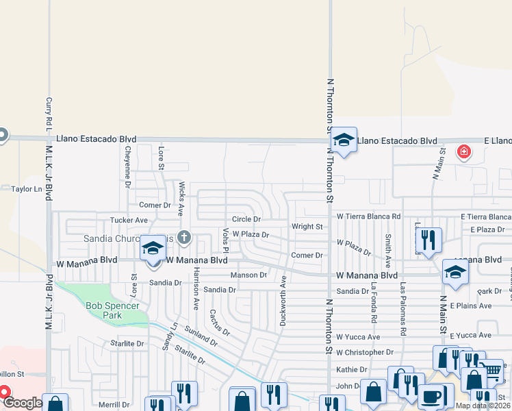 map of restaurants, bars, coffee shops, grocery stores, and more near 604 Circle Drive in Clovis