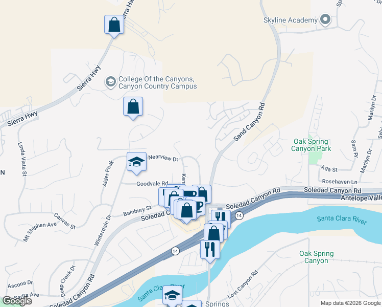 map of restaurants, bars, coffee shops, grocery stores, and more near 16537 Nearview Drive in Santa Clarita
