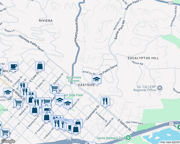 map of restaurants, bars, coffee shops, grocery stores, and more near 151 La Vista Grande in Santa Barbara