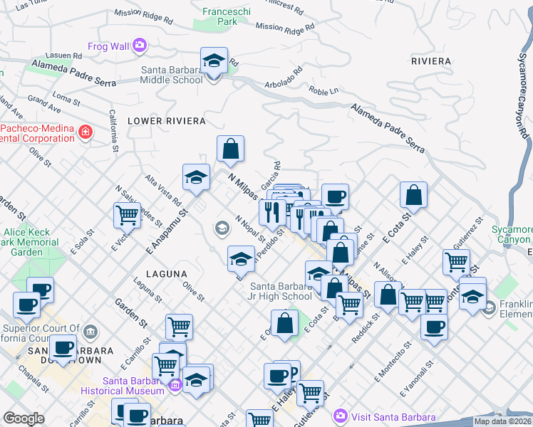 map of restaurants, bars, coffee shops, grocery stores, and more near 925 Spring Street in Santa Barbara