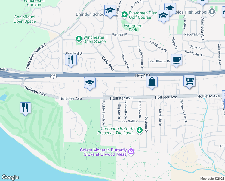 map of restaurants, bars, coffee shops, grocery stores, and more near 7626 Hollister Avenue in Goleta