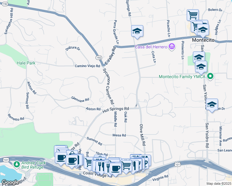 map of restaurants, bars, coffee shops, grocery stores, and more near 2925 Sycamore Canyon Road in Montecito
