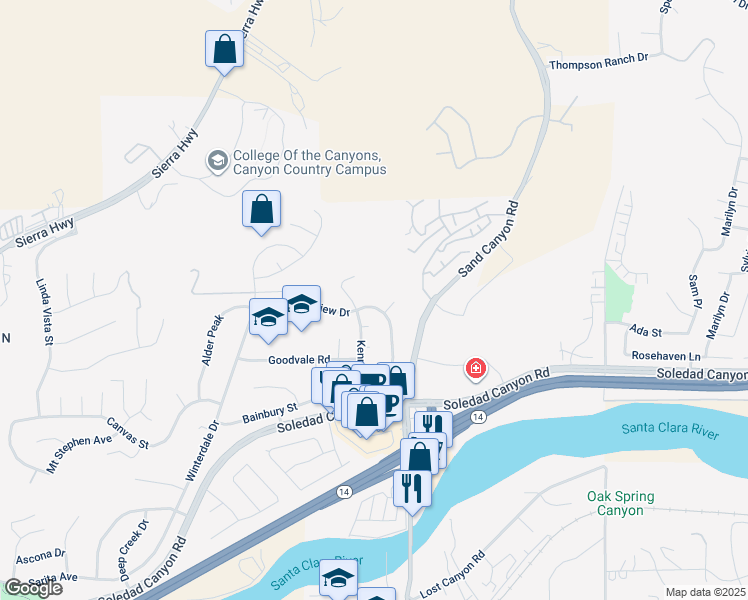 map of restaurants, bars, coffee shops, grocery stores, and more near 16537 Nearview Drive in Santa Clarita