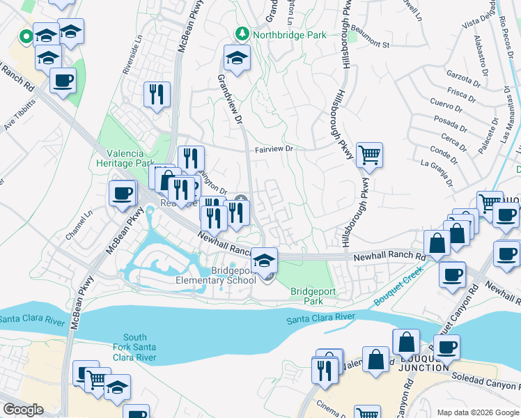 map of restaurants, bars, coffee shops, grocery stores, and more near 27111 Westview Lane in Santa Clarita