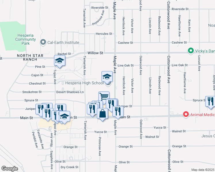 map of restaurants, bars, coffee shops, grocery stores, and more near 9898 Maple Avenue in Hesperia