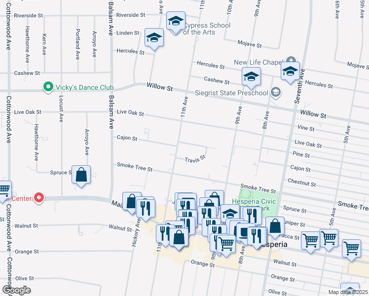map of restaurants, bars, coffee shops, grocery stores, and more near 15589 Cheyenne Street in Hesperia