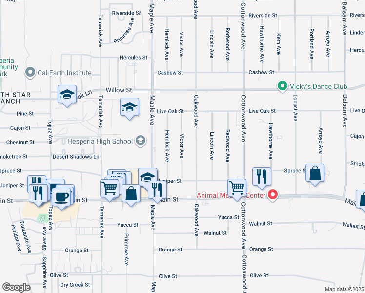 map of restaurants, bars, coffee shops, grocery stores, and more near 9922 Victor Avenue in Hesperia