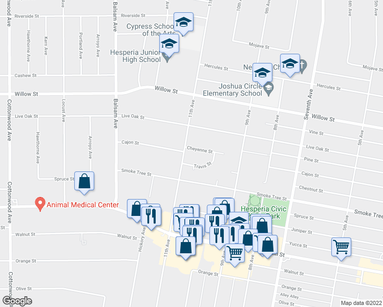 map of restaurants, bars, coffee shops, grocery stores, and more near 15589 Cheyenne Street in Hesperia