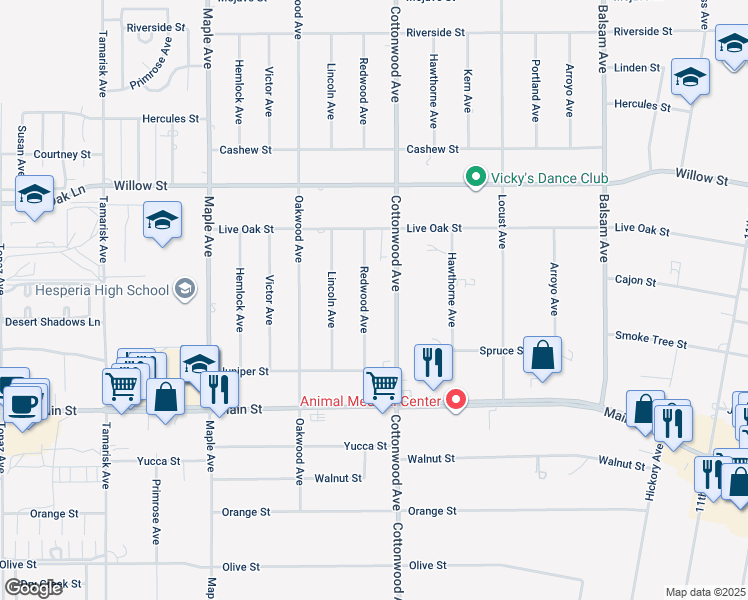 map of restaurants, bars, coffee shops, grocery stores, and more near 9909 Redwood Avenue in Hesperia