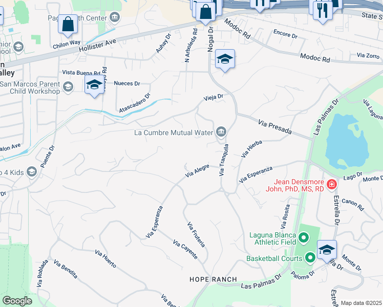 map of restaurants, bars, coffee shops, grocery stores, and more near 4450 Via Alegre in Santa Barbara