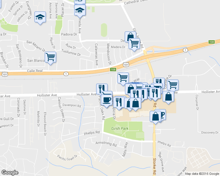 map of restaurants, bars, coffee shops, grocery stores, and more near 145 Santa Felicia Dr in Goleta