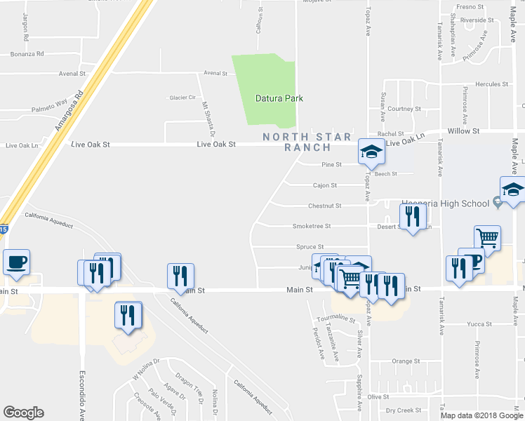map of restaurants, bars, coffee shops, grocery stores, and more near Pyrite Avenue in Hesperia