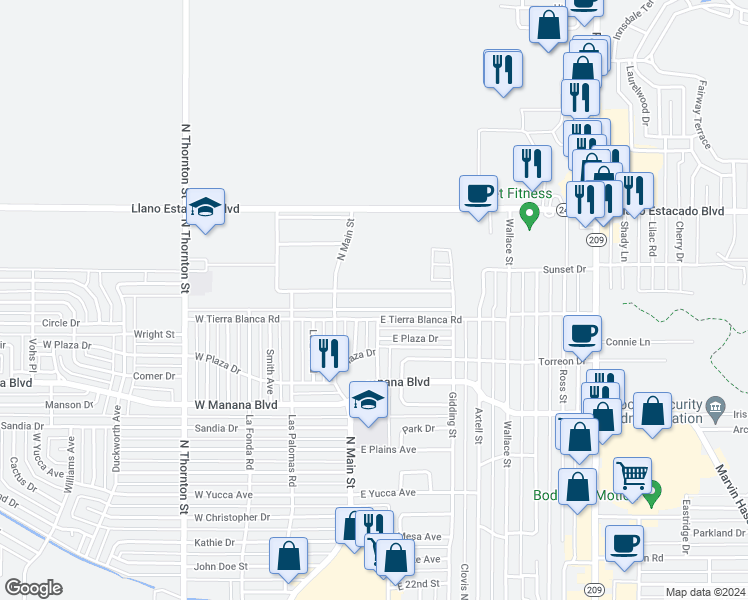 map of restaurants, bars, coffee shops, grocery stores, and more near 117 Townsgate Plaza in Clovis