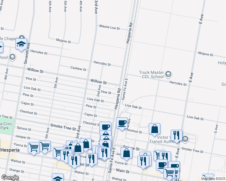 map of restaurants, bars, coffee shops, grocery stores, and more near 16552 Vine Street in Hesperia