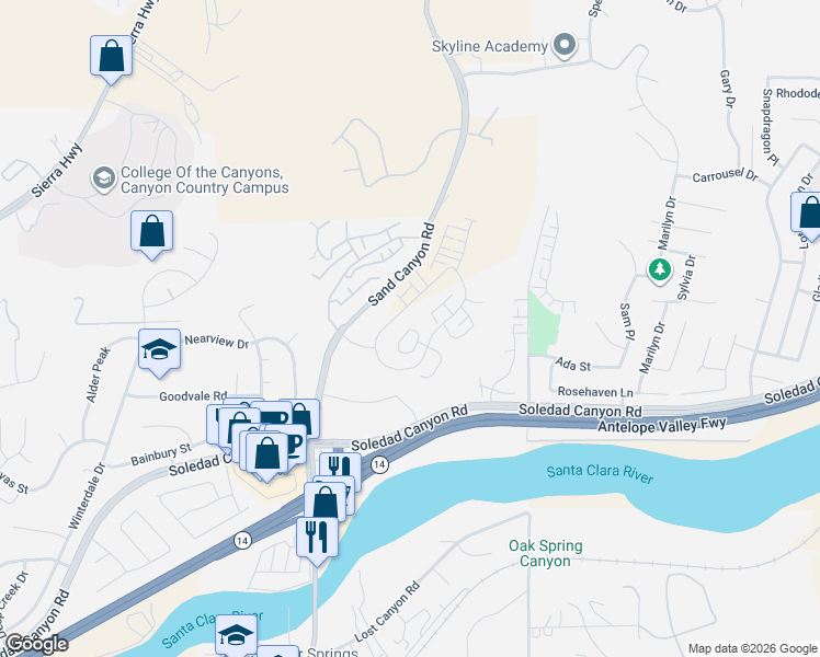 map of restaurants, bars, coffee shops, grocery stores, and more near 28824 Sand Canyon Road in Santa Clarita