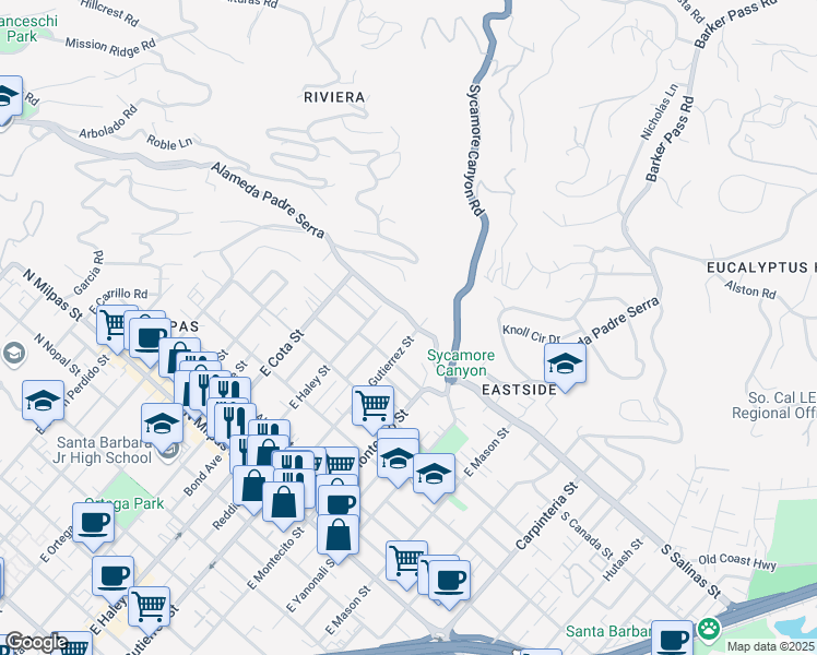 map of restaurants, bars, coffee shops, grocery stores, and more near 415 Alameda Padre Serra in Santa Barbara