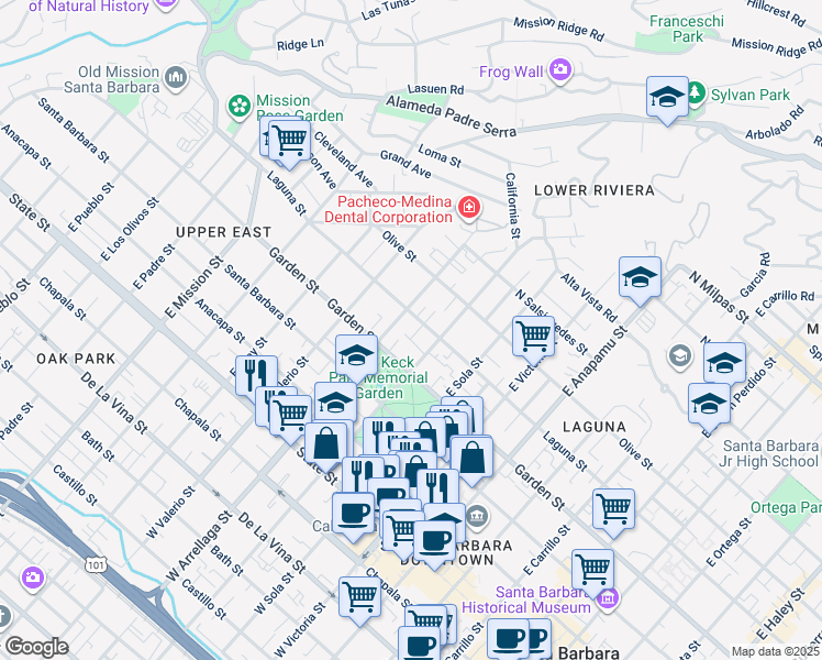 map of restaurants, bars, coffee shops, grocery stores, and more near 1520 Laguna Street in Santa Barbara