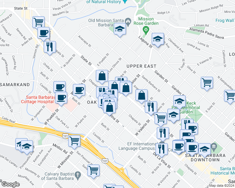 map of restaurants, bars, coffee shops, grocery stores, and more near 2005 State Street in Santa Barbara