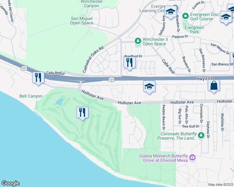 map of restaurants, bars, coffee shops, grocery stores, and more near 205 Sanderling Lane in Goleta