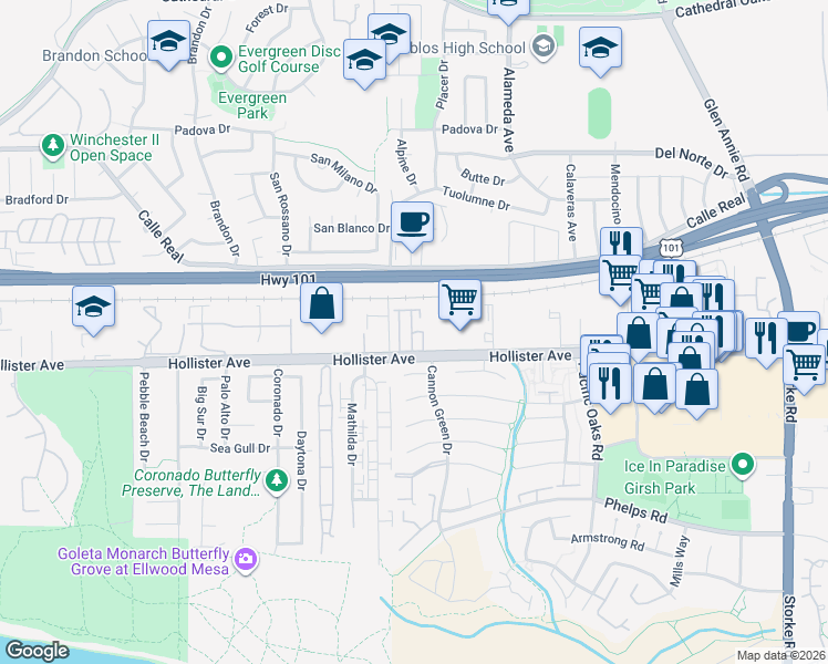 map of restaurants, bars, coffee shops, grocery stores, and more near 7368 Hollister Avenue in Goleta