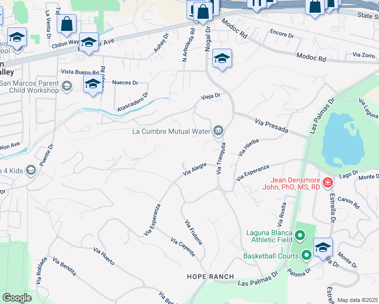 map of restaurants, bars, coffee shops, grocery stores, and more near 4450 Via Alegre in Santa Barbara
