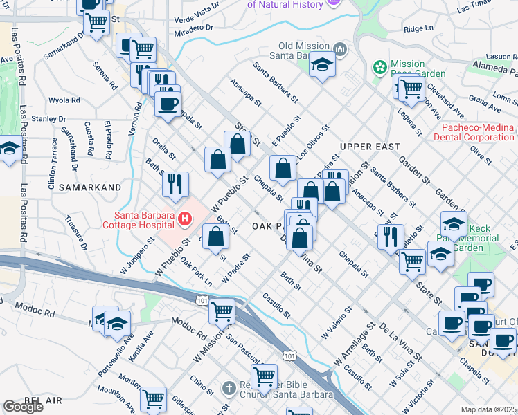 map of restaurants, bars, coffee shops, grocery stores, and more near 131 West Los Olivos Street in Santa Barbara