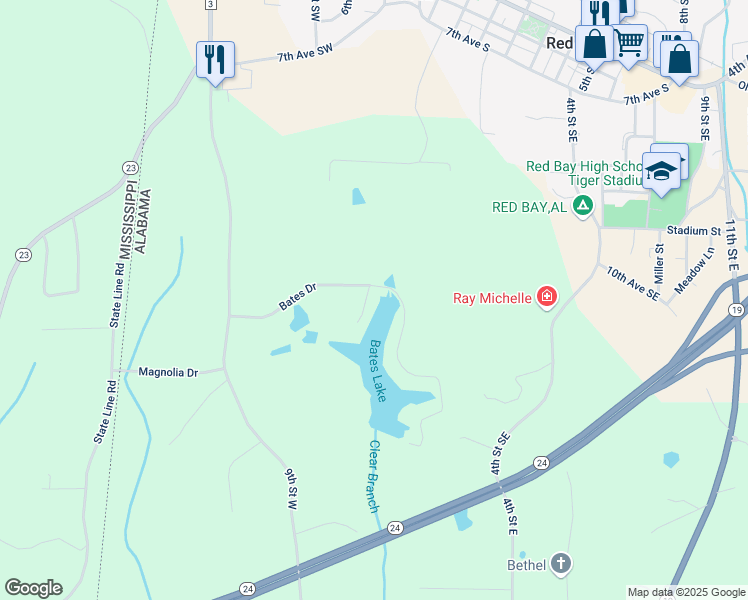 map of restaurants, bars, coffee shops, grocery stores, and more near 185 Bates Drive in Red Bay