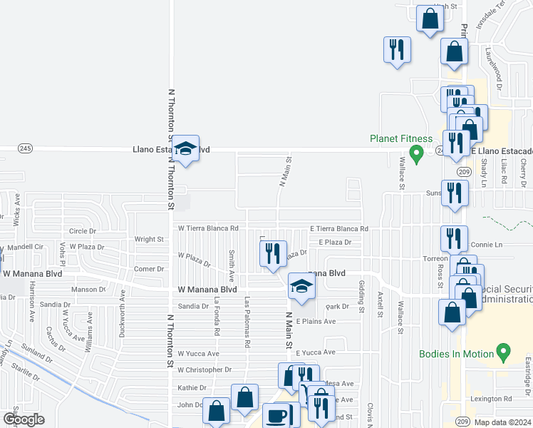 map of restaurants, bars, coffee shops, grocery stores, and more near 121 Townsgate Plaza in Clovis