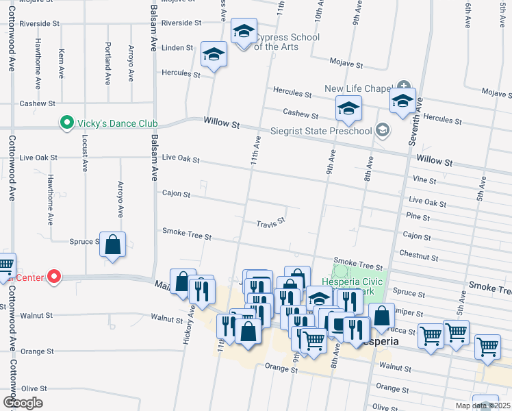 map of restaurants, bars, coffee shops, grocery stores, and more near 15589 Cheyenne Street in Hesperia