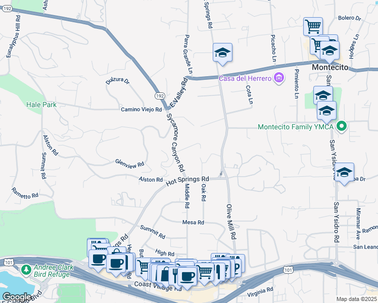 map of restaurants, bars, coffee shops, grocery stores, and more near 2925 Sycamore Canyon Road in Montecito