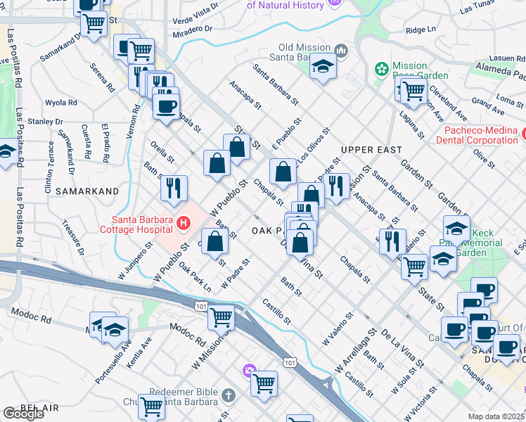 map of restaurants, bars, coffee shops, grocery stores, and more near 2202 De La Vina Street in Santa Barbara