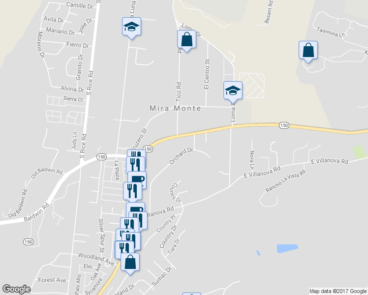 map of restaurants, bars, coffee shops, grocery stores, and more near 1443 Orchard Drive in Ojai