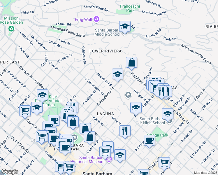 map of restaurants, bars, coffee shops, grocery stores, and more near 1201 Alta Vista Road in Santa Barbara