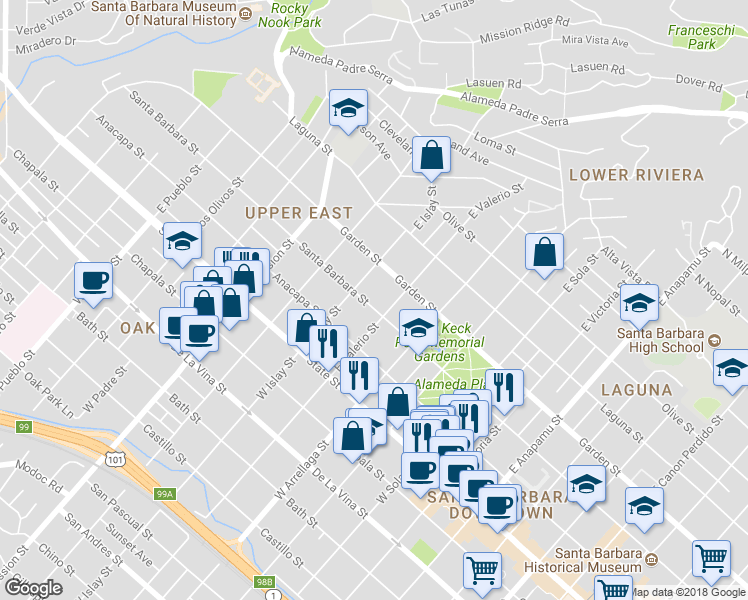 map of restaurants, bars, coffee shops, grocery stores, and more near 1716 Santa Barbara Street in Santa Barbara