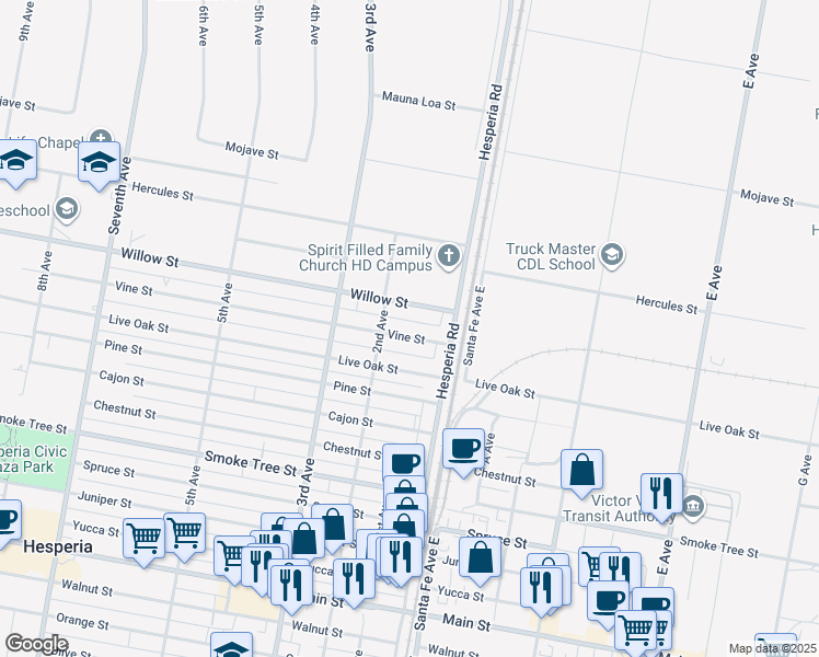 map of restaurants, bars, coffee shops, grocery stores, and more near 16552 Vine Street in Hesperia