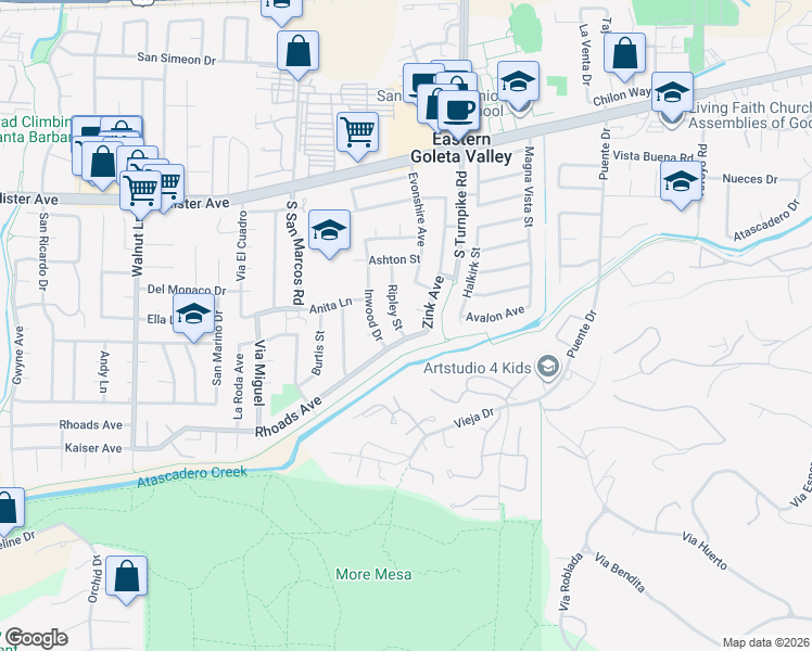 map of restaurants, bars, coffee shops, grocery stores, and more near 670 Ripley Street in Santa Barbara