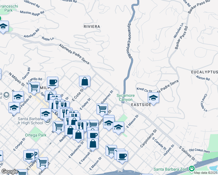 map of restaurants, bars, coffee shops, grocery stores, and more near 415 Alameda Padre Serra in Santa Barbara